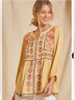 Savanna Jane Yellow Floral Embroidered Babydoll top Marigold